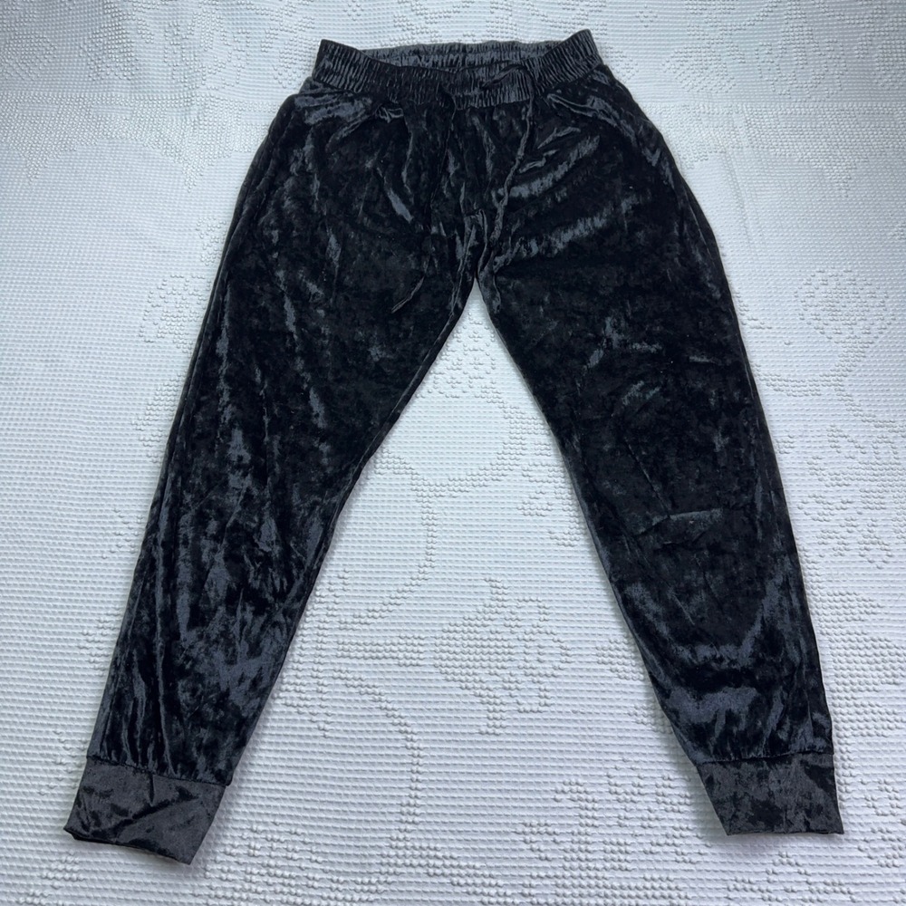 Black Crushed Velvet Joggers Elastic Waist Tapered Pants M GR110-0001